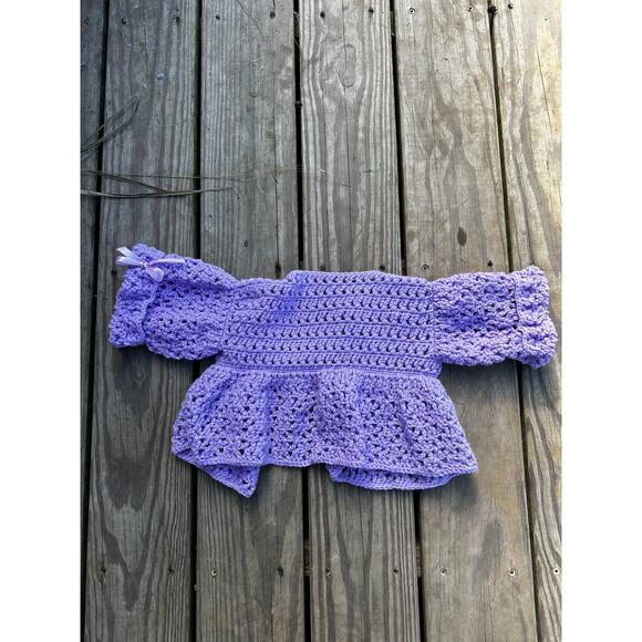 Handmade Crochet Baby Cardigan Sweater Lilac Purple Ribbon Tie Vintage Style - Picture 4 of 4